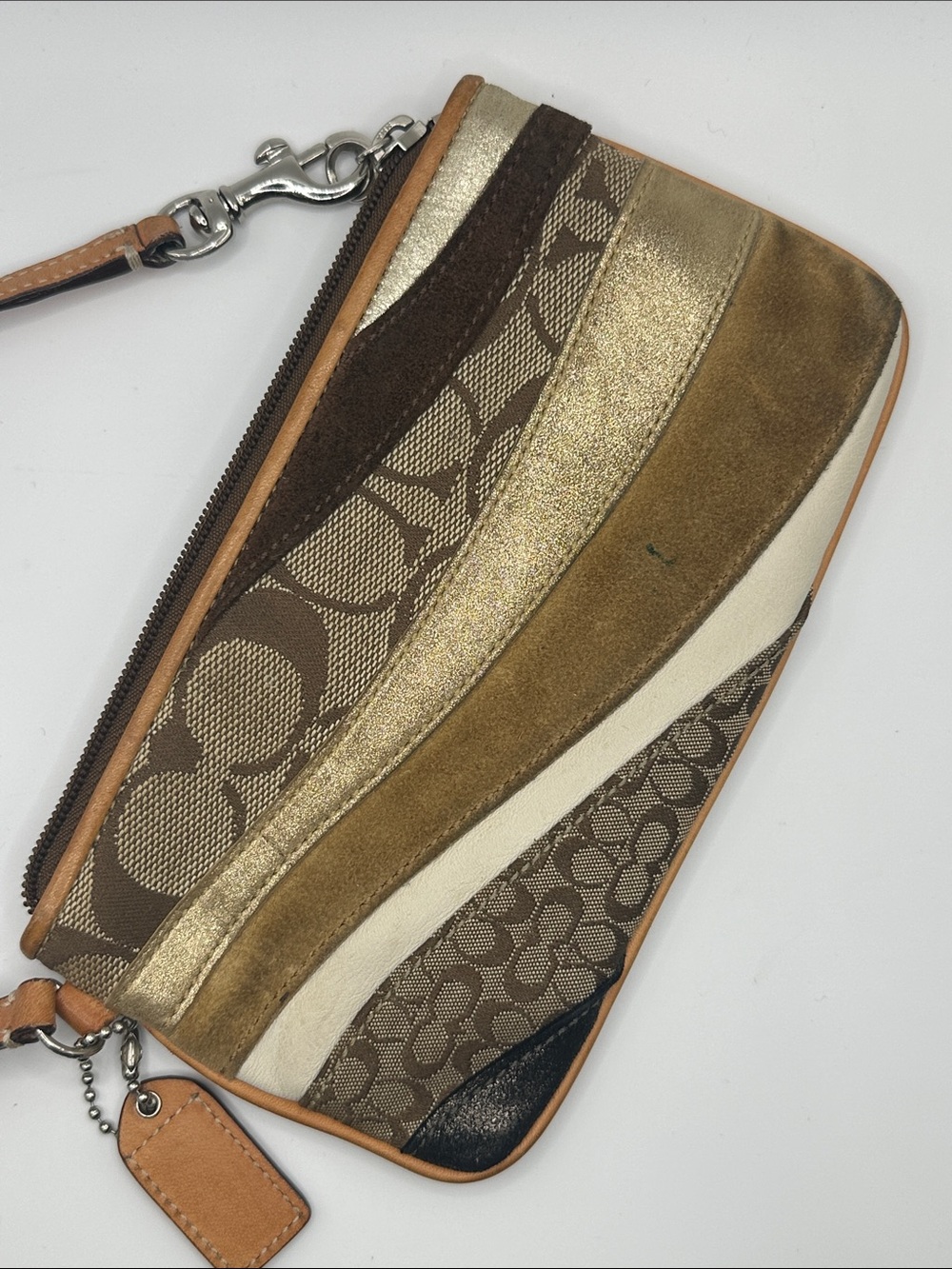 Coach Metallic Gold Tan and Brown Signature Stripe Wristlet - Picture 4 of 6